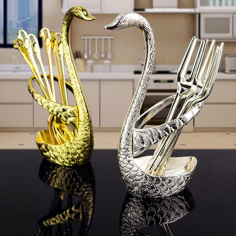 7pcs Swan Base Holder Fruit Forks Set Salad Dessert Tools Tableware