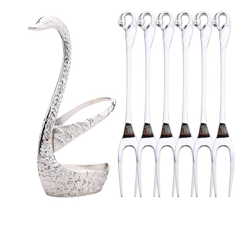 7pcs Swan Base Holder Fruit Forks Set Salad Dessert Tools Tableware